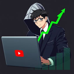 A hooded figure intently working on a laptop featuring a prominent YouTube logo, juxtaposed with an anime-style businessman whose head is artistically superimposed onto a tailored suit