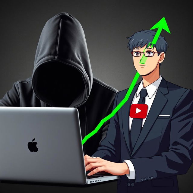 A hooded figure intently working on a laptop featuring a prominent YouTube logo, juxtaposed with an anime-style businessman whose head is artistically superimposed onto a tailored suit