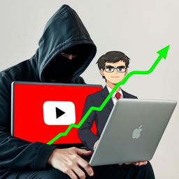 A hooded figure intently working on a laptop featuring a prominent YouTube logo, juxtaposed with an anime-style businessman whose head is artistically superimposed onto a tailored suit