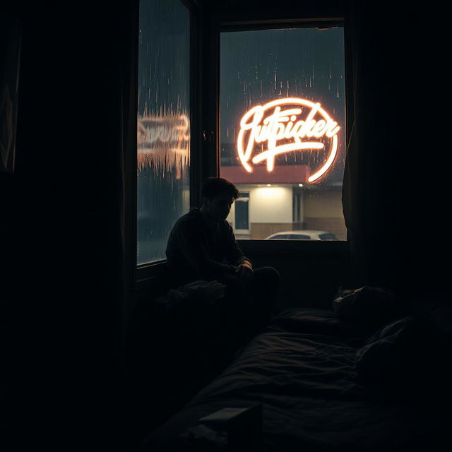 A poignant scene capturing a lonely young man sitting on the edge of a dimly lit room, filled with shadows and muted colors