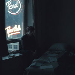 A poignant scene capturing a lonely young man sitting on the edge of a dimly lit room, filled with shadows and muted colors