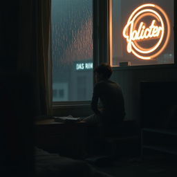 A poignant scene capturing a lonely young man sitting on the edge of a dimly lit room, filled with shadows and muted colors