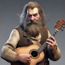 An ultra-realistic digital art image presents a scruffy-looking, peg-legged, mute bard