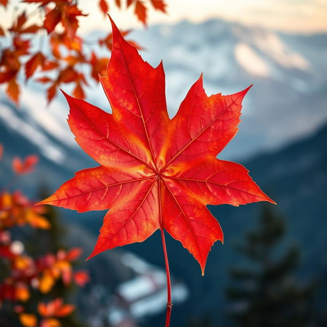 A highly detailed, high-resolution image of a vibrant red maple leaf, positioned prominently in the center of the composition