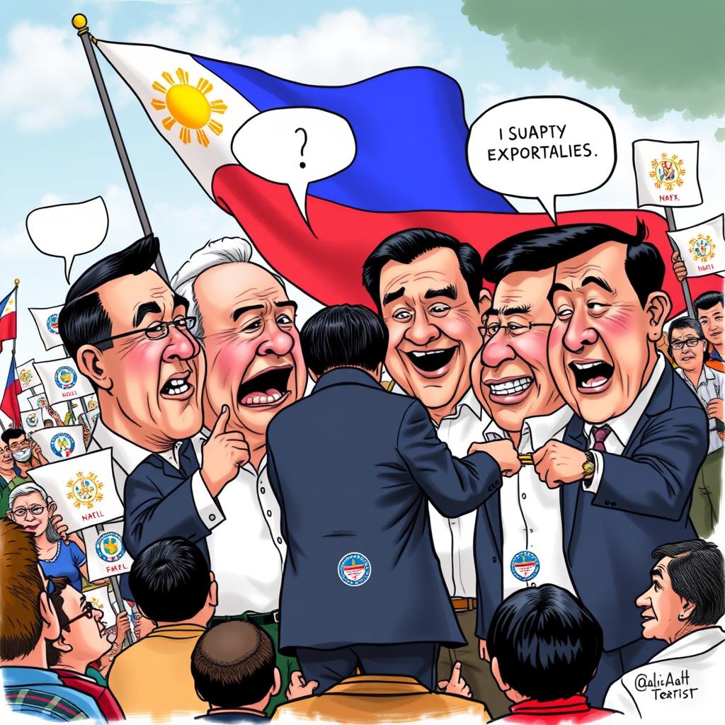 An editorial cartoon depicting the current political landscape in the Philippines, featuring caricatures of prominent political figures engaged in a humorous debate