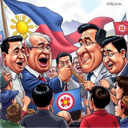 An editorial cartoon depicting the current political landscape in the Philippines, featuring caricatures of prominent political figures engaged in a humorous debate
