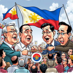 An editorial cartoon depicting the current political landscape in the Philippines, featuring caricatures of prominent political figures engaged in a humorous debate