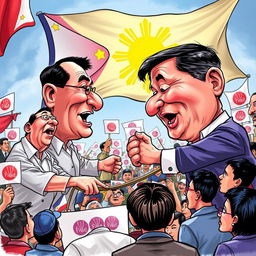 An editorial cartoon depicting the current political landscape in the Philippines, featuring caricatures of prominent political figures engaged in a humorous debate