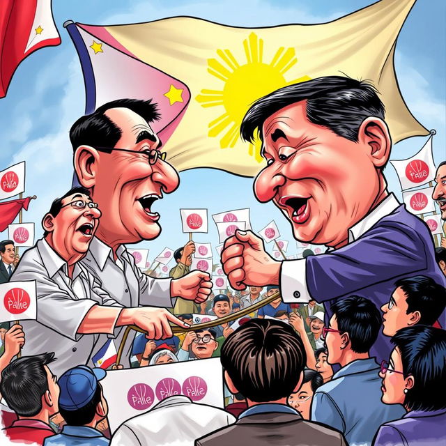 An editorial cartoon depicting the current political landscape in the Philippines, featuring caricatures of prominent political figures engaged in a humorous debate
