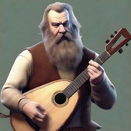 An ultra-realistic digital art image presents a scruffy-looking, peg-legged, mute bard