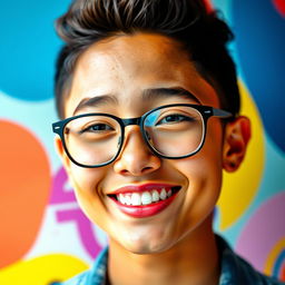 A vibrant and engaging WhatsApp profile picture featuring a close-up of a smiling young adult with warm skin tone, wearing stylish glasses