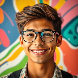 A vibrant and engaging WhatsApp profile picture featuring a close-up of a smiling young adult with warm skin tone, wearing stylish glasses