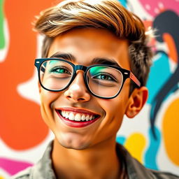 A vibrant and engaging WhatsApp profile picture featuring a close-up of a smiling young adult with warm skin tone, wearing stylish glasses