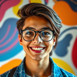 A vibrant and engaging WhatsApp profile picture featuring a close-up of a smiling young adult with warm skin tone, wearing stylish glasses
