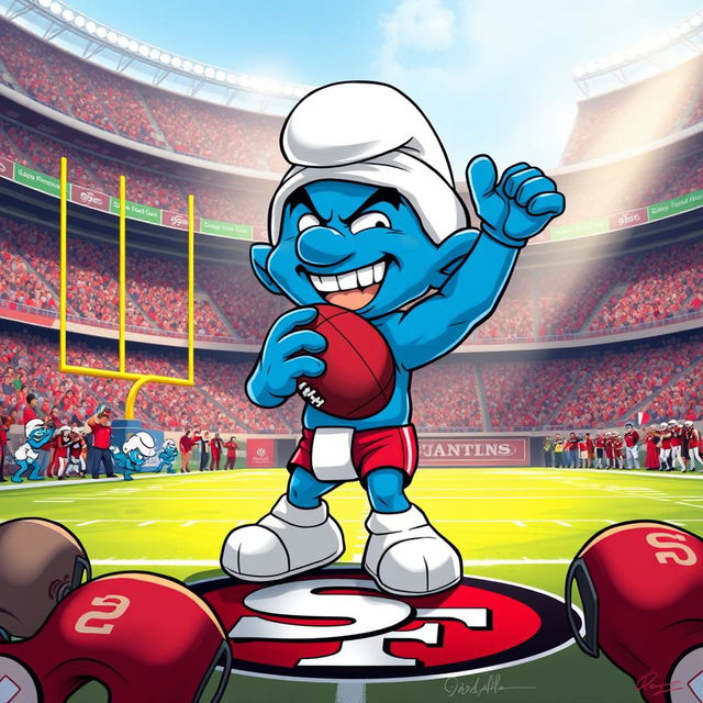 An imaginative illustration of Josh Allen as an evil smurf, standing triumphantly over a defeated San Francisco 49ers football team