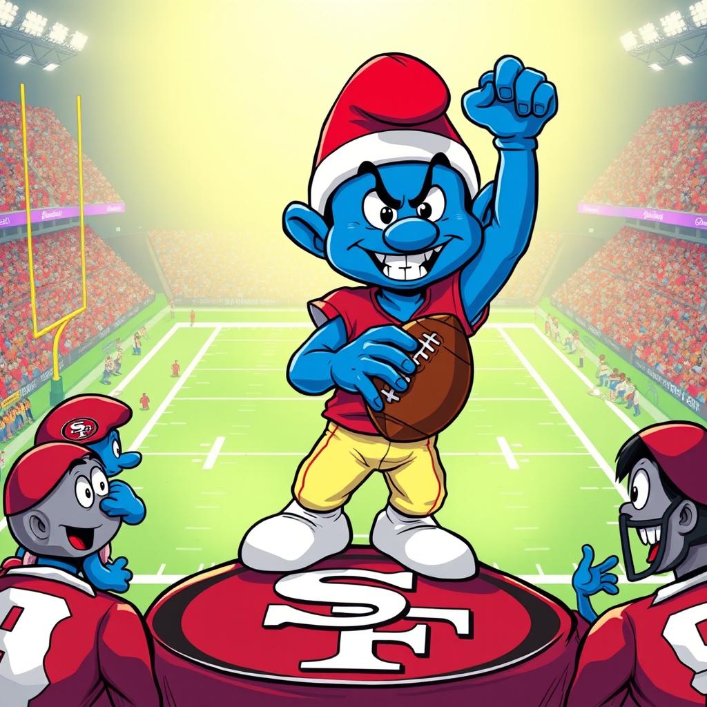 An imaginative illustration of Josh Allen as an evil smurf, standing triumphantly over a defeated San Francisco 49ers football team