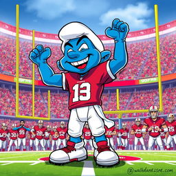 An imaginative illustration of Josh Allen as an evil smurf, standing triumphantly over a defeated San Francisco 49ers football team
