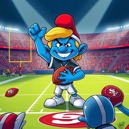 An imaginative illustration of Josh Allen as an evil smurf, standing triumphantly over a defeated San Francisco 49ers football team