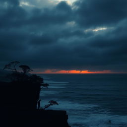 A solitary figure standing at the edge of a cliff during a gloomy sunset