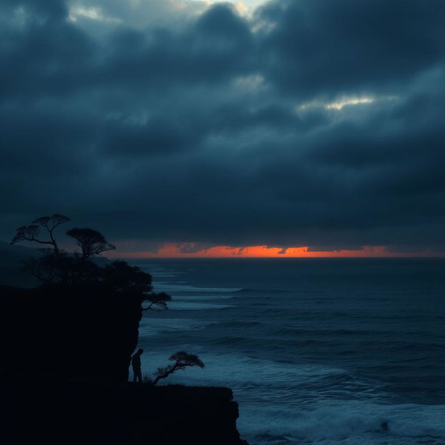 A solitary figure standing at the edge of a cliff during a gloomy sunset