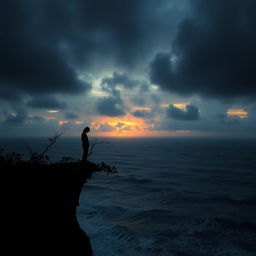 A solitary figure standing at the edge of a cliff during a gloomy sunset