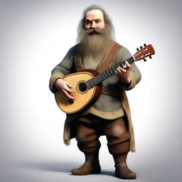 An ultra-realistic digital art image presents a scruffy-looking, peg-legged, mute bard