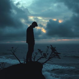 A solitary figure standing at the edge of a cliff during a gloomy sunset