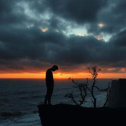 A solitary figure standing at the edge of a cliff during a gloomy sunset