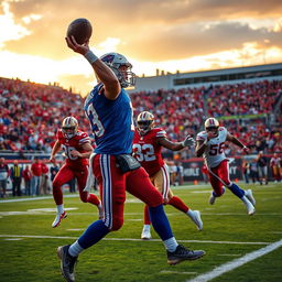 A dramatic sports scene capturing an intense moment where quarterback Josh Allen is throwing a winning touchdown pass against the San Francisco 49ers