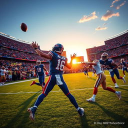 A dramatic sports scene capturing an intense moment where quarterback Josh Allen is throwing a winning touchdown pass against the San Francisco 49ers