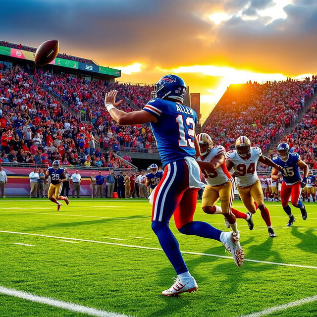 A dramatic sports scene capturing an intense moment where quarterback Josh Allen is throwing a winning touchdown pass against the San Francisco 49ers