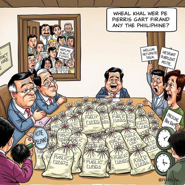 An editorial cartoon highlighting the political situation in the Philippines concerning government funds