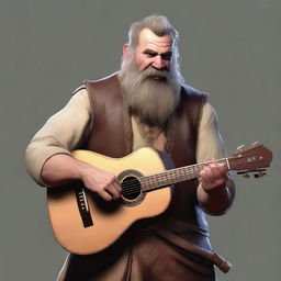 This is an ultra-realistic digital art image of a scruffy-looking, mute bard with a thick beard