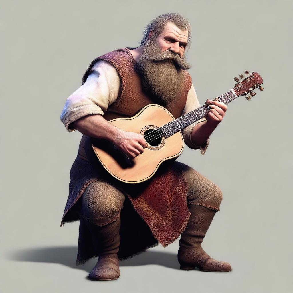 An ultra-realistic digital art image featuring a scruffy-looking, mute bard with a thick beard