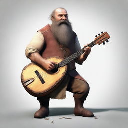 An ultra-realistic digital art image featuring a scruffy-looking, mute bard with a thick beard