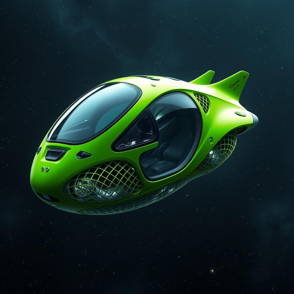 A realistic futuristic spaceship design inspired by organic shapes and intricate mesh structures, featuring a smooth, flowing form with a vibrant green exterior