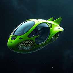 A realistic futuristic spaceship design inspired by organic shapes and intricate mesh structures, featuring a smooth, flowing form with a vibrant green exterior