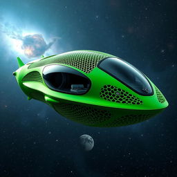 A realistic futuristic spaceship design inspired by organic shapes and intricate mesh structures, featuring a smooth, flowing form with a vibrant green exterior