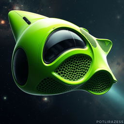 A realistic futuristic spaceship design inspired by organic shapes and intricate mesh structures, featuring a smooth, flowing form with a vibrant green exterior