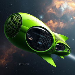 A realistic futuristic spaceship design inspired by organic shapes and intricate mesh structures, featuring a smooth, flowing form with a vibrant green exterior