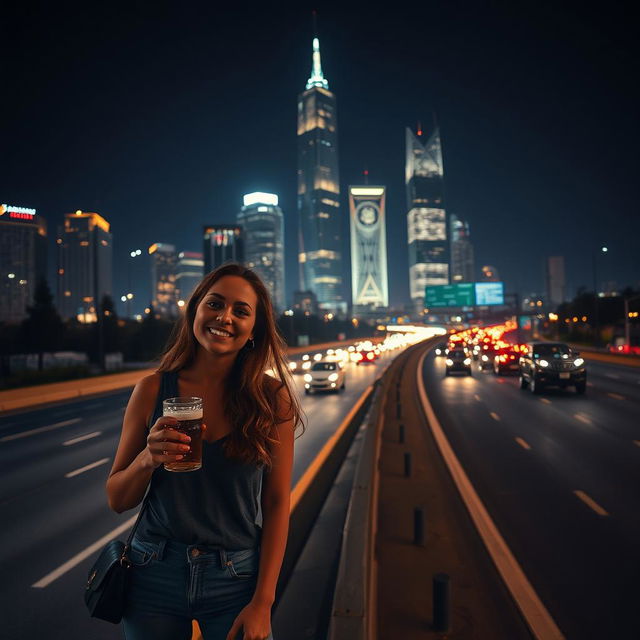 An adult woman casually holding a beer on the side of a busy highway at night, standing next to a young man