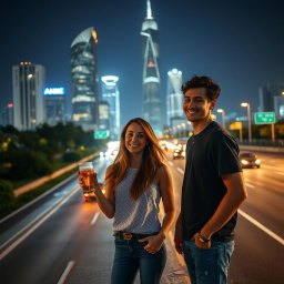 An adult woman casually holding a beer on the side of a busy highway at night, standing next to a young man