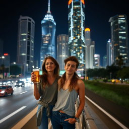 An adult woman casually holding a beer on the side of a busy highway at night, standing next to a young man