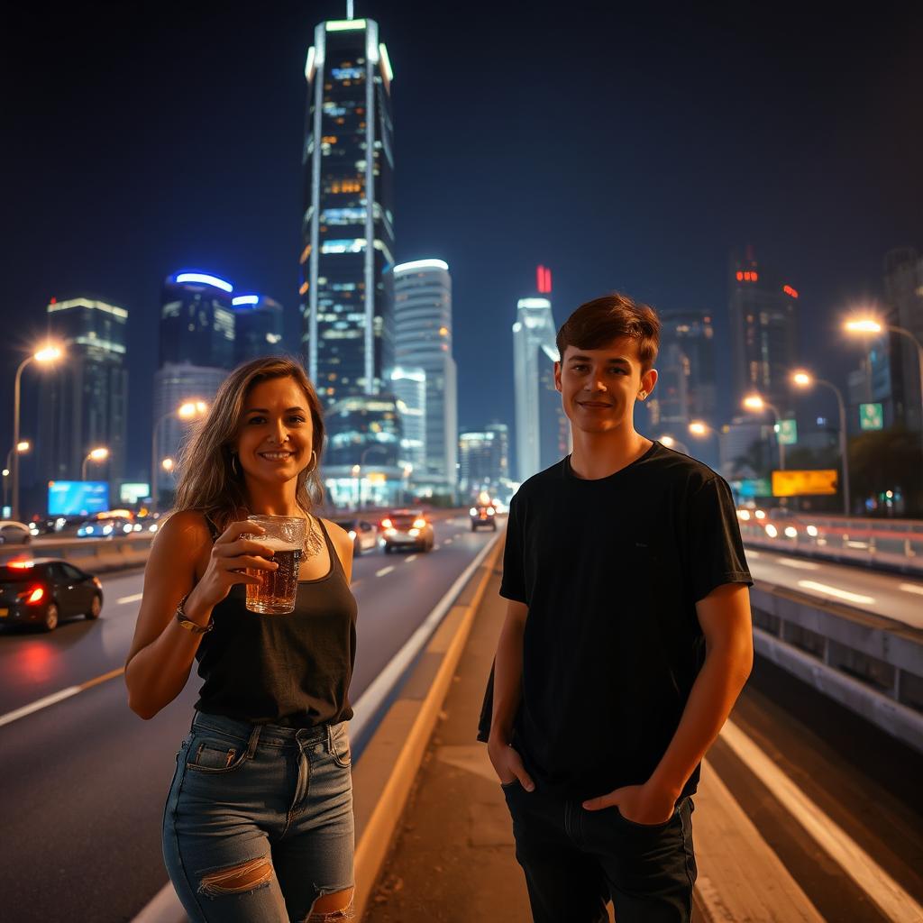 An adult woman casually holding a beer on the side of a busy highway at night, standing next to a young man