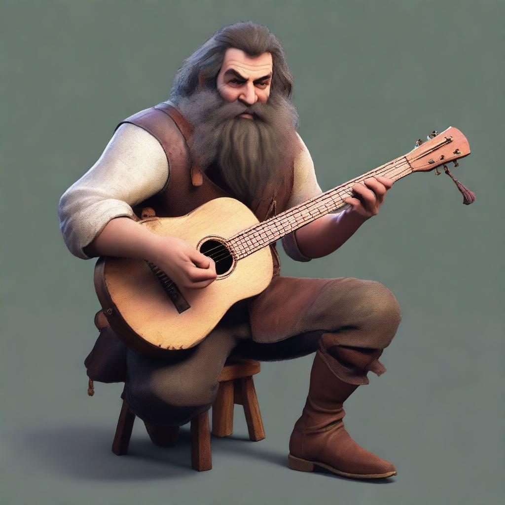 An ultra-realistic digital art image featuring a scruffy-looking, mute bard with a thick beard