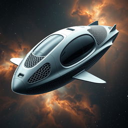 A realistic futuristic spaceship design inspired by the uploaded organic mesh structure, featuring a smooth, flowing form with a metallic exterior