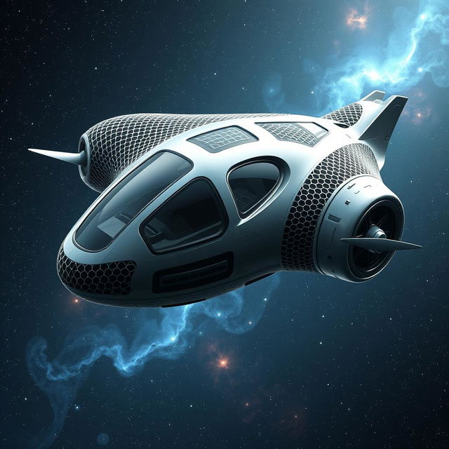 A realistic futuristic spaceship design inspired by the uploaded organic mesh structure, featuring a smooth, flowing form with a metallic exterior