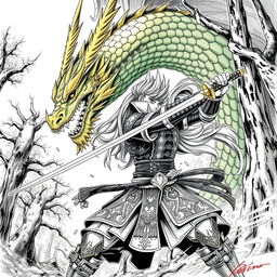 A detailed manga-style sketch of a dynamic battle scene, featuring a heroic warrior with long flowing hair, wearing ornate armor that reflects Japanese samurai aesthetics