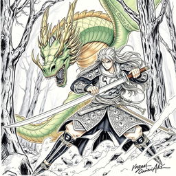 A detailed manga-style sketch of a dynamic battle scene, featuring a heroic warrior with long flowing hair, wearing ornate armor that reflects Japanese samurai aesthetics