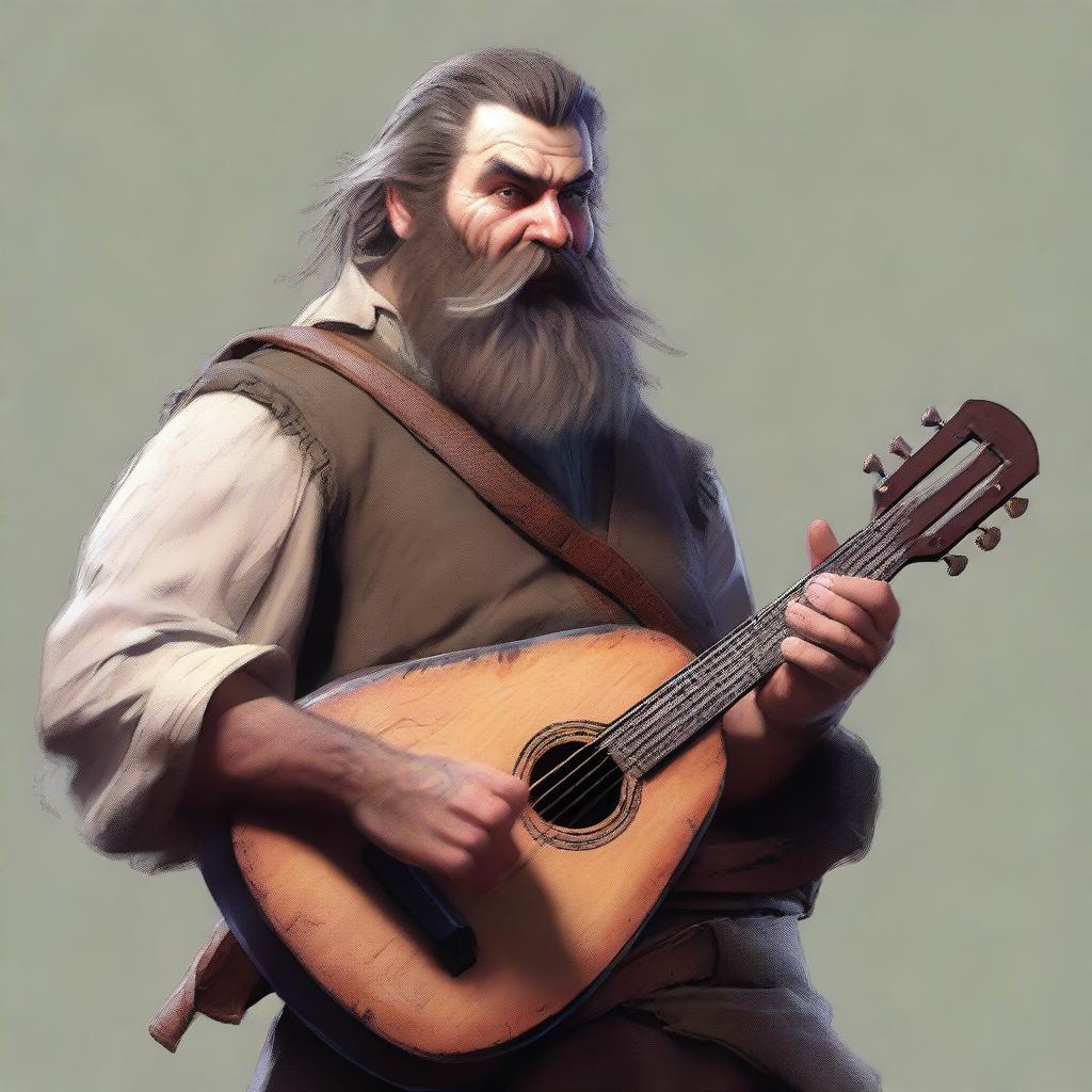 An ultra-realistic digital art image portraying a scruffy-looking, mute bard with a thick beard